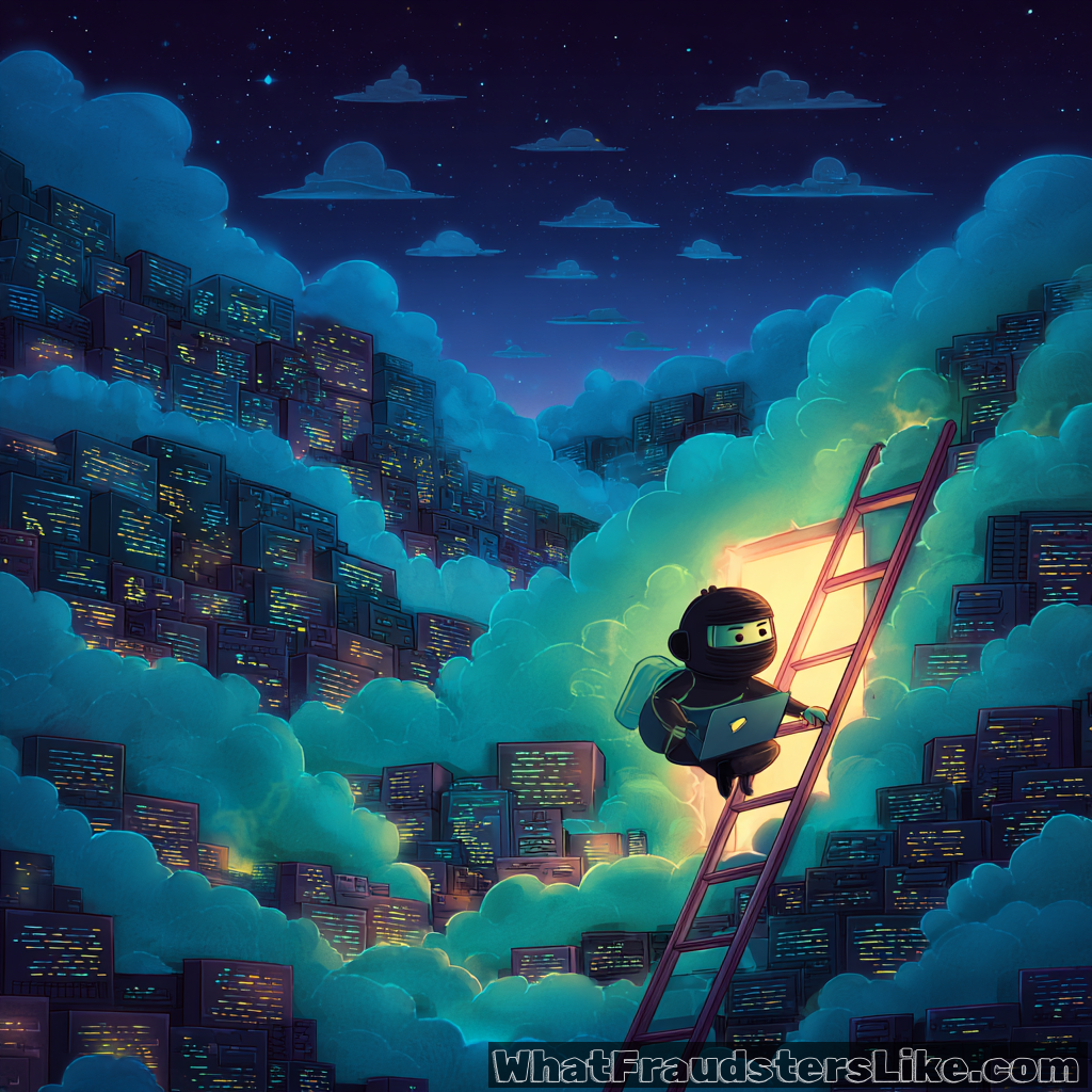 A small, dark, masked figure wearing goggles climbs a red ladder leading into a glowing opening within a cloud, while a city skyline covered in clouds and lights stretches into the distance under a night sky.